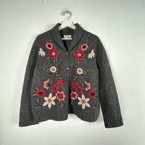 Vintage Eddie Bauer Women Lambswool Floral Embroidered Cardigan Sweater PXL Gray